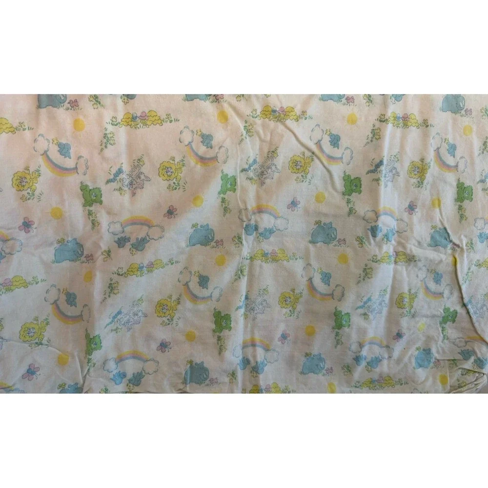 VTG 80s Care Bears Crib Fitted Sheet Pastel Rainbow Bunny Birds Clouds Sunshin